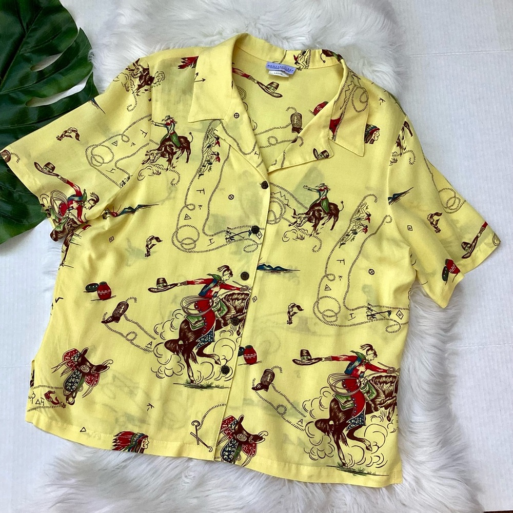 Vintage 90s Pinup Cowgirl Camp Shirt Buttery Lemon Yellow Western Rockabilly L